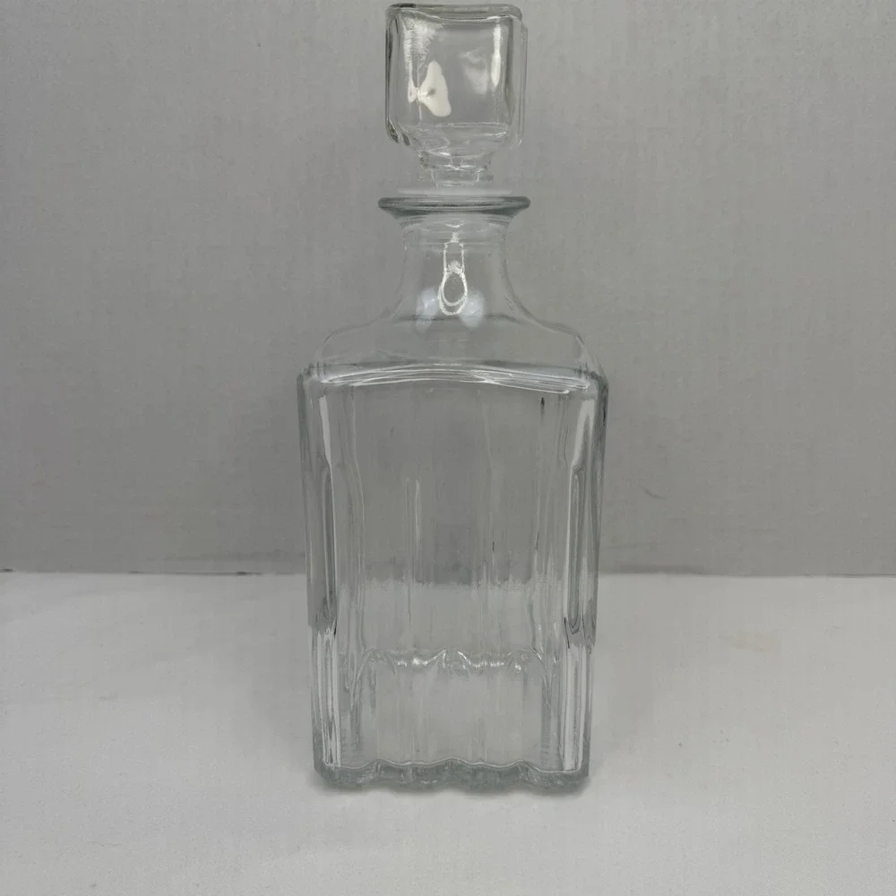 Vintage Italian Glass Whiskey Decanter Square Ribbed Liquor Bottle with Stopper
